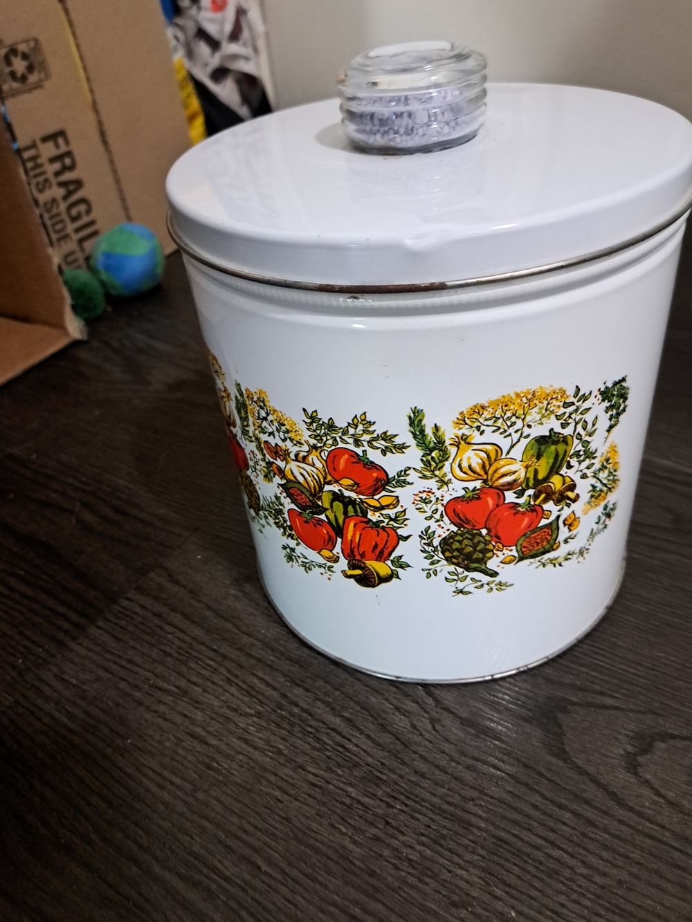 Vintage White Metal Canister with Fruit Motif